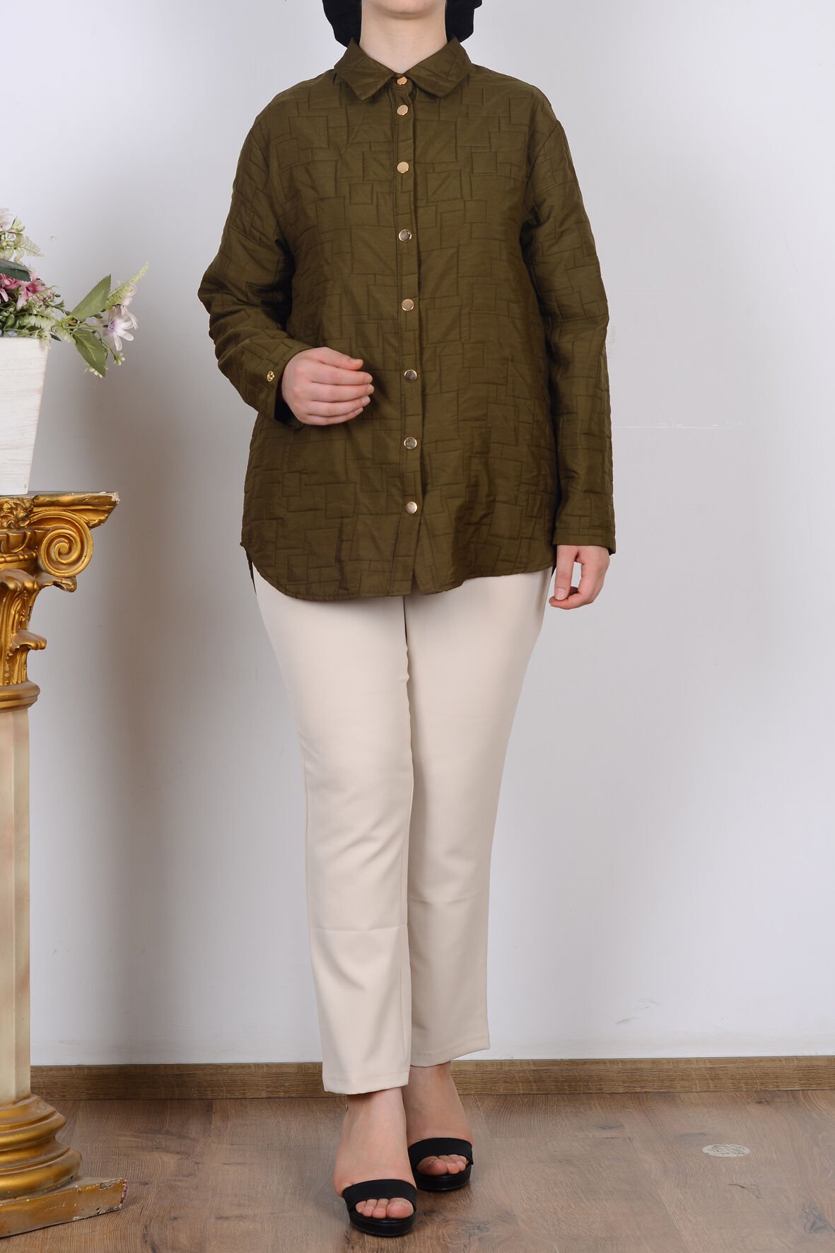 Armine 25KT542 Koyu Haki Kadın Düğmeli Gömlek Tipi Ceket