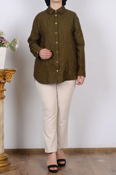 Armine 25KT542 Koyu Haki Kadın Düğmeli Gömlek Tipi Ceket
