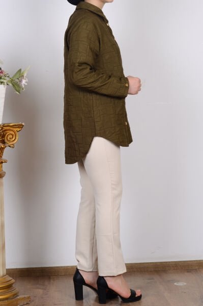 Armine 25KT542 Koyu Haki Kadın Düğmeli Gömlek Tipi Ceket