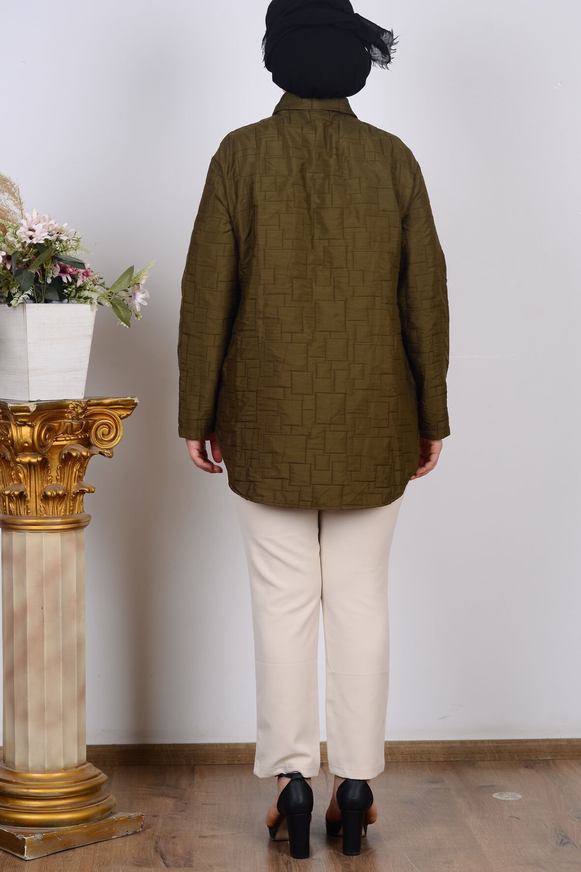 Armine 25KT542 Koyu Haki Kadın Düğmeli Gömlek Tipi Ceket