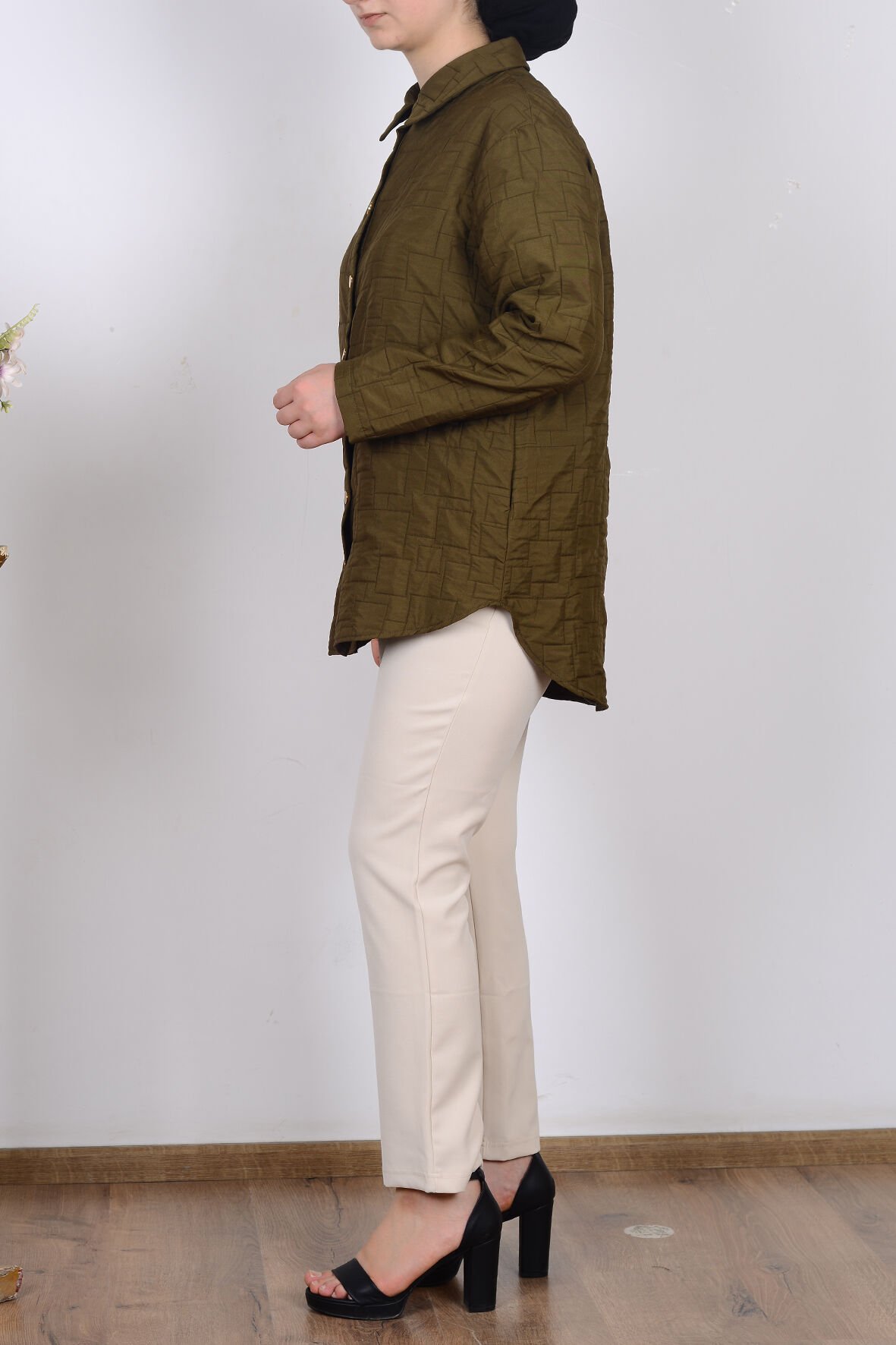 Armine 25KT542 Koyu Haki Kadın Düğmeli Gömlek Tipi Ceket