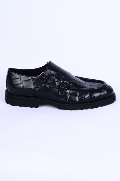 New Onix 1202 Deri Desenli Ortopedik Taban Bağcıksız Yandan Kemer Detaylı Siyah Günlük Erkek Ayakkabı