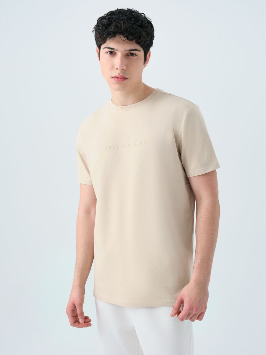 Loft 2039590 Taş Erkek Yazı Detaylı Bisiklet Yaka T-Shirt