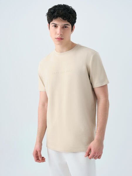 Loft 2039590 Taş Erkek Yazı Detaylı Bisiklet Yaka T-Shirt