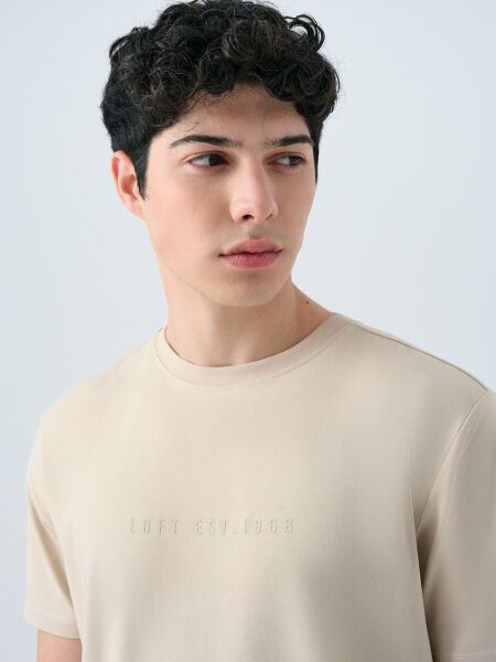Loft 2039590 Taş Erkek Yazı Detaylı Bisiklet Yaka T-Shirt