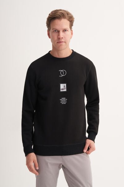Cazador 53610 Siyah Erkek Bisiklet Yaka Baskılı Regular Fit Sweatshirt