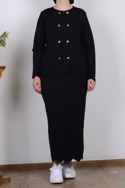 Armine 25YTD6118 Siyah Kadın Düğme Detaylı Bisiklet Yaka Triko Etekli Takım