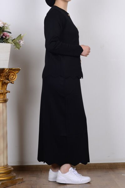 Armine 25YTD6118 Siyah Kadın Düğme Detaylı Bisiklet Yaka Triko Etekli Takım