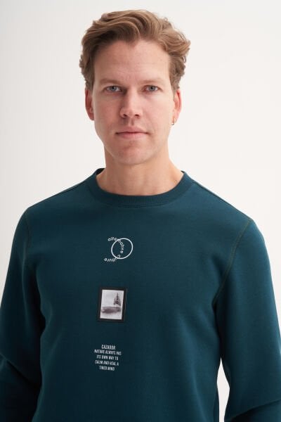 Cazador 53610 Petrol Erkek Bisiklet Yaka Baskılı Regular Fit Sweatshirt