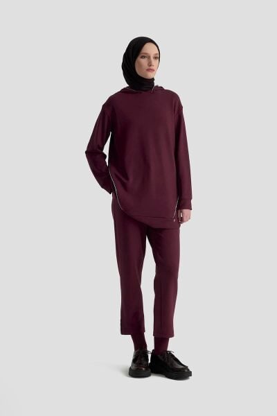Armine 25KT603 Bordo Kadın Kapüşonlu İki İplik Taşlı Pantolonlu Takım
