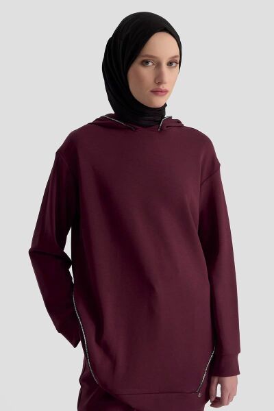 Armine 25KT603 Bordo Kadın Kapüşonlu İki İplik Taşlı Pantolonlu Takım