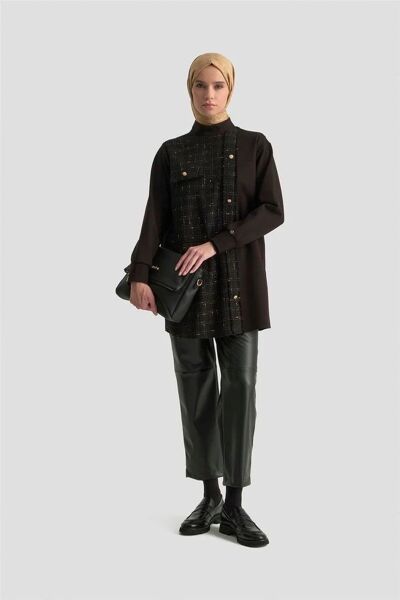 Armine 25KT415 Siyah Kadın Dokuma Kumaş Gold Düğme Detaylı Fermuarlı Tunik