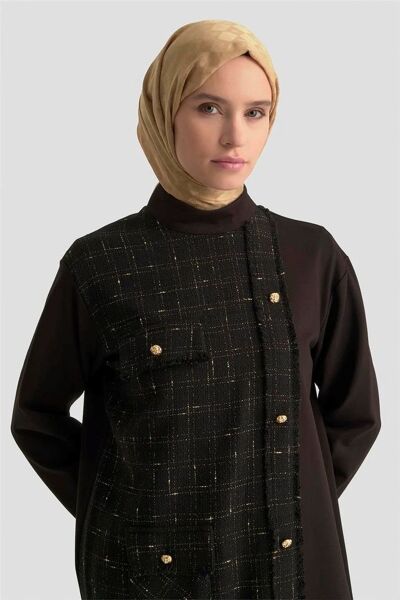 Armine 25KT415 Siyah Kadın Dokuma Kumaş Gold Düğme Detaylı Fermuarlı Tunik