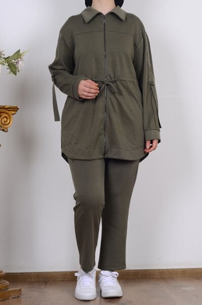 Armine 25KT604 Haki Kadın Taş İşlemeli Belden Bağlamalı İki İplik Takım