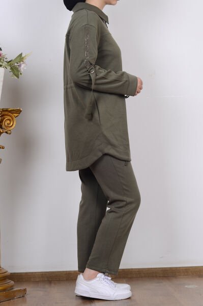 Armine 25KT604 Haki Kadın Taş İşlemeli Belden Bağlamalı İki İplik Takım