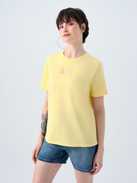 Loft 2038993 Sarı Kadın Baskılı Loft Yazı Detaylı Bisiklet Yaka T-Shirt