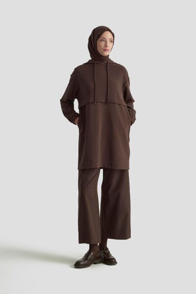 Armine 25KT462 Kahverengi Kadın Kapüşonlu Yandan Cepli Kolları Lastikli Fitilli Tunik