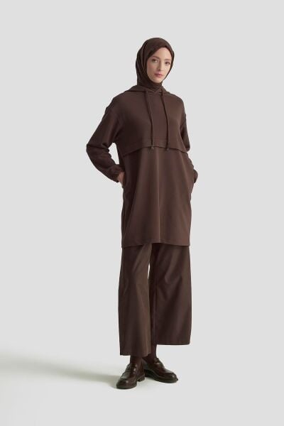 Armine 25KT462 Kahverengi Kadın Kapüşonlu Yandan Cepli Kolları Lastikli Fitilli Tunik