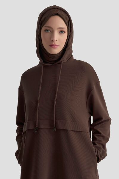 Armine 25KT462 Kahverengi Kadın Kapüşonlu Yandan Cepli Kolları Lastikli Fitilli Tunik