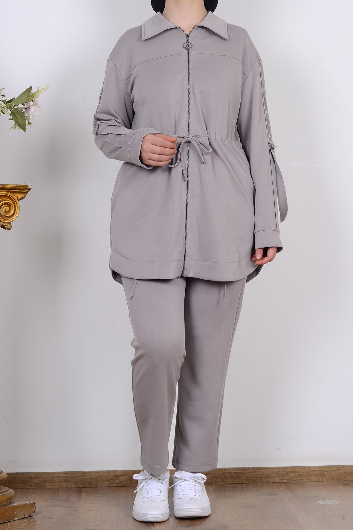 Armine 25KT604 Gri Kadın Taş İşlemeli Belden Bağlamalı İki İplik Takım