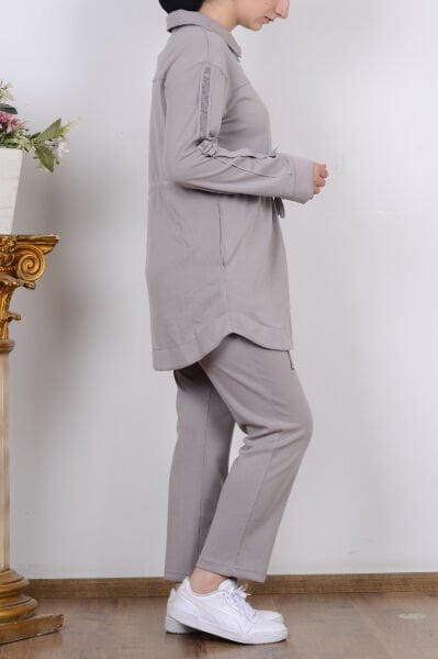 Armine 25KT604 Gri Kadın Taş İşlemeli Belden Bağlamalı İki İplik Takım