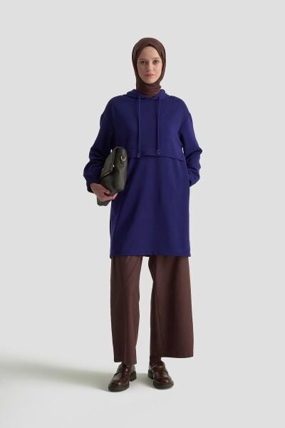 Armine 25KT462 Lacivert Kadın Kapüşonlu Yandan Cepli Kolları Lastikli Fitilli Tunik