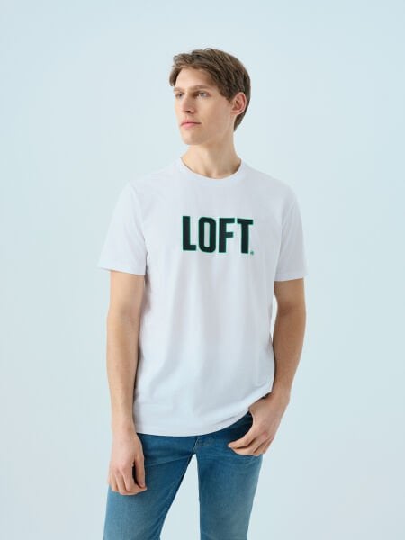 Loft 2040075  Beyaz Erkek Bisiklet Yaka Önü Yazılı Detaylı Regular Fit T-shirt