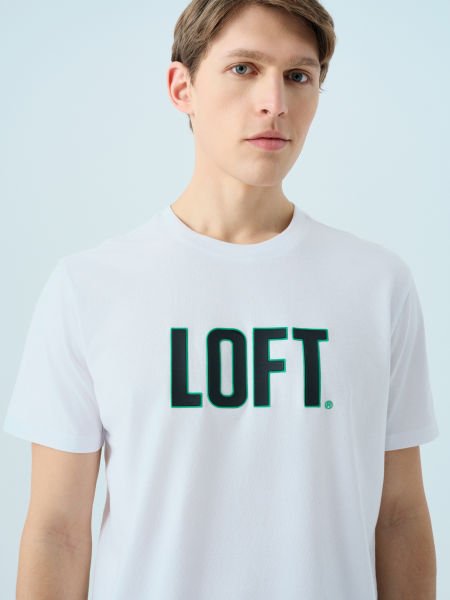 Loft 2040075  Beyaz Erkek Bisiklet Yaka Önü Yazılı Detaylı Regular Fit T-shirt