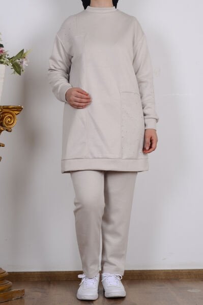 Armine 25YT616 Bej Kadın İki İplik Taş Detaylı Pantolonlu Takım