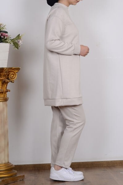 Armine 25YT616 Bej Kadın İki İplik Taş Detaylı Pantolonlu Takım