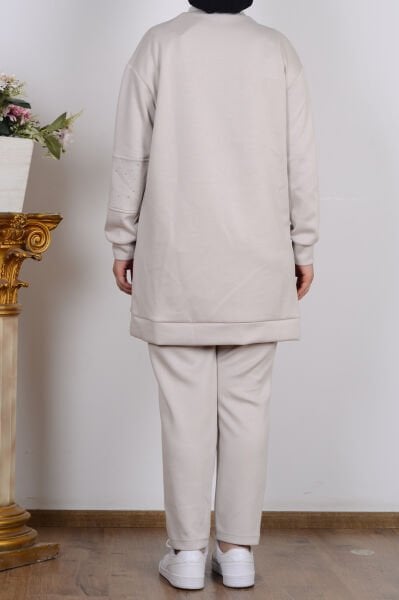 Armine 25YT616 Bej Kadın İki İplik Taş Detaylı Pantolonlu Takım