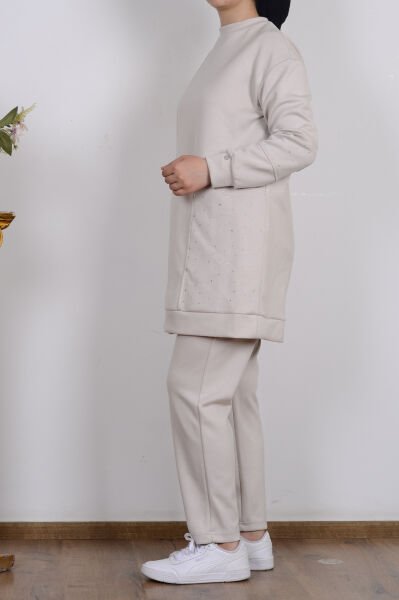 Armine 25YT616 Bej Kadın İki İplik Taş Detaylı Pantolonlu Takım