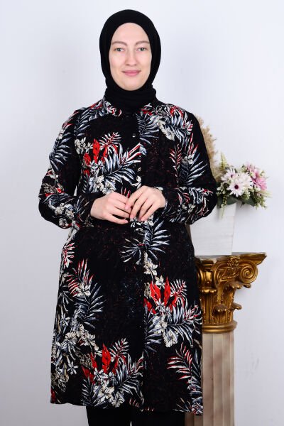 Ferace 8929 Siyah Kadın Rahat Kesim Düğmeli Viskon Çiçek Desenli  Tunik