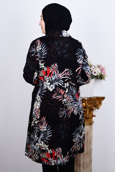 Ferace 8929 Siyah Kadın Rahat Kesim Düğmeli Viskon Çiçek Desenli  Tunik