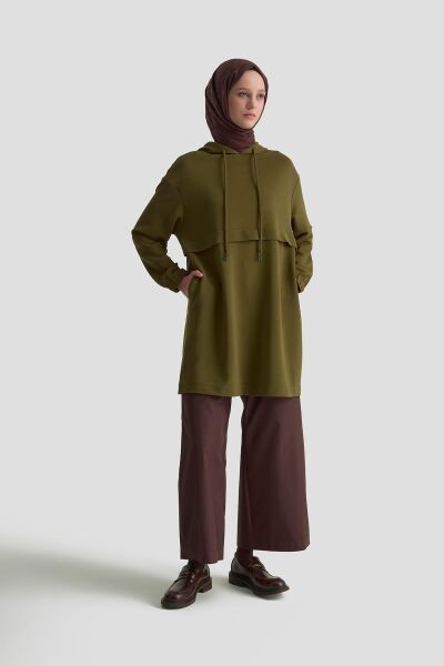 Armine 25KT462 Haki Kadın Kapüşonlu Yandan Cepli Kolları Lastikli Fitilli Tunik