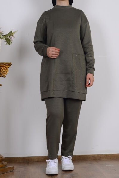 Armine 25YT616 Haki Kadın İki İplik Taş Detaylı Pantolonlu Takım