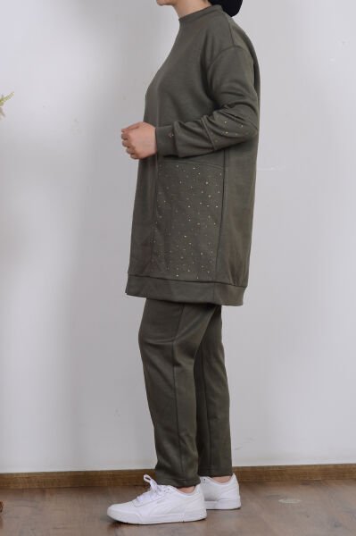 Armine 25YT616 Haki Kadın İki İplik Taş Detaylı Pantolonlu Takım