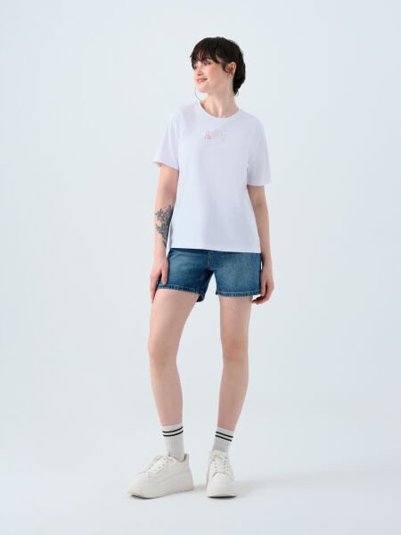 Loft 2038993 Beyaz Kadın Baskılı Loft Yazı Detaylı Bisiklet Yaka T-Shirt