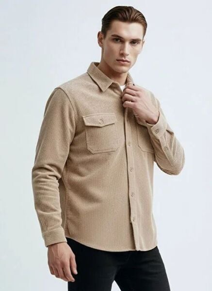 LEE L2520353614 Bej Erkek Kadife Çift Cepli Relax Fit Gömlek