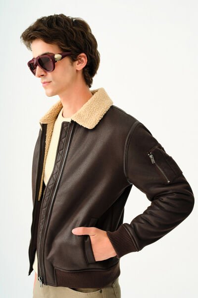 Loft 2036720 Kahverengi Erkek İçi Yünlü Koldan Cep Detaylı Kol ve Bel Ucu Lastikli Deri Ceket Mont