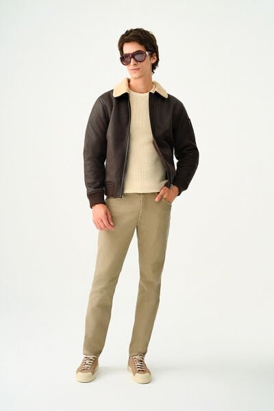 Loft 2036720 Kahverengi Erkek İçi Yünlü Koldan Cep Detaylı Kol ve Bel Ucu Lastikli Deri Ceket Mont