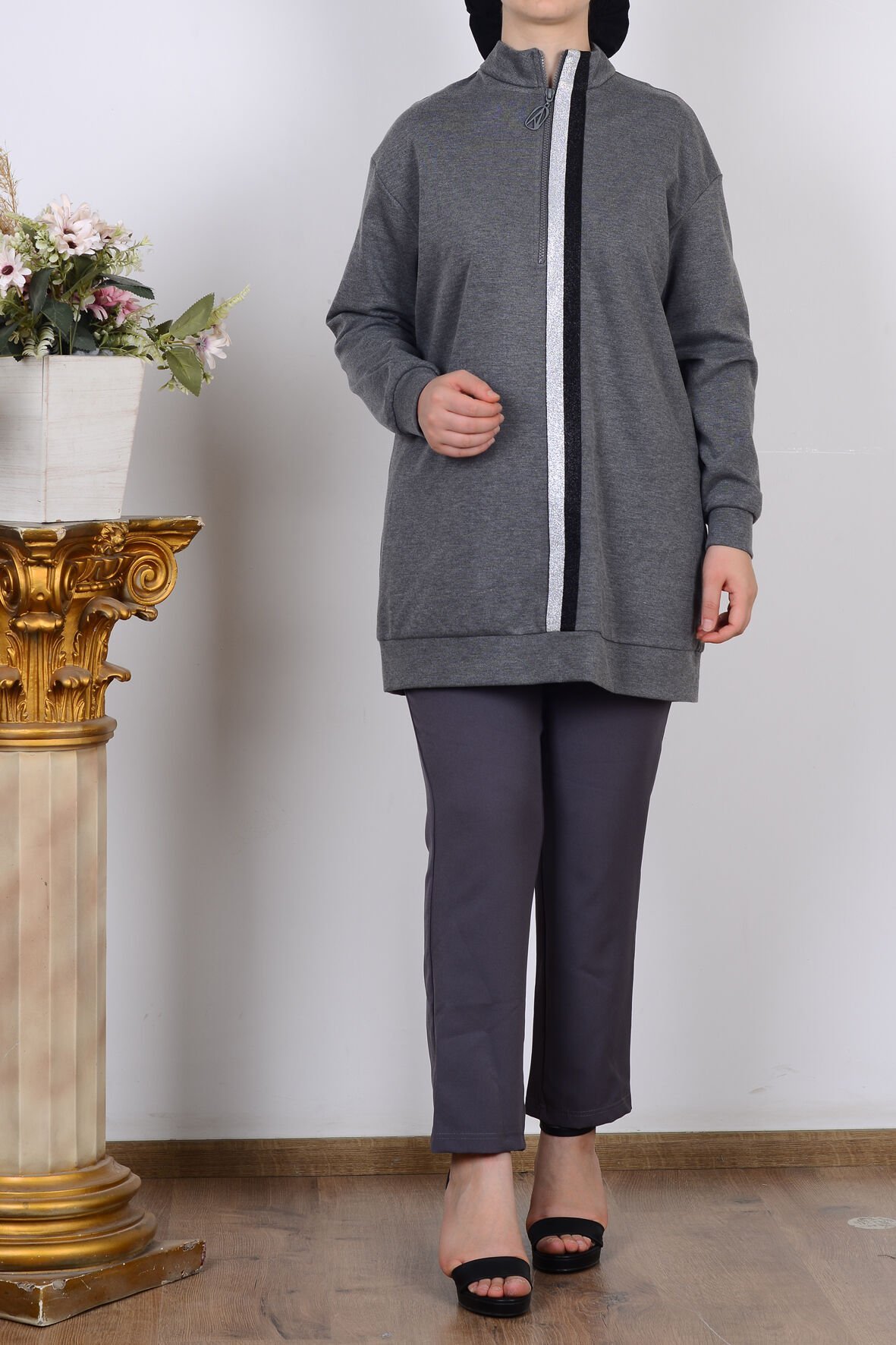 Armine 25KT407 Gri Kadın Yarım Fermuarlı İki İplik Tunik