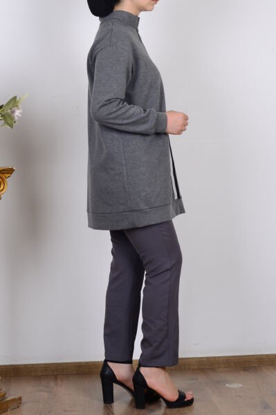 Armine 25KT407 Gri Kadın Yarım Fermuarlı İki İplik Tunik