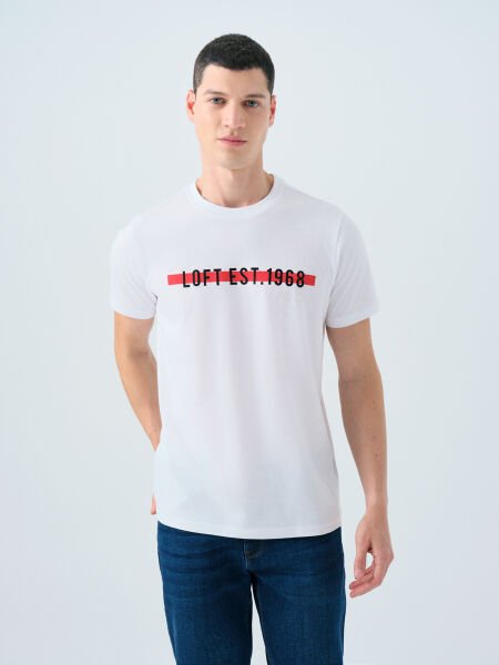Loft 2038693 Beyaz Erkek Bisiklet Yaka Göğüsten Yazı Detaylı T-Shirt