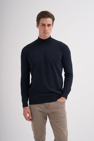 Cazador 24KCEEO03603 Lacivert Erkek Boğaz Ve Bilekten Lastikli Bisiklet Yaka Yarım Boğazlı Kazak