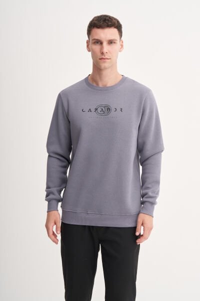 Cazador 53625 Koyu Gri Erkek Bisiklet Yaka Baskılı Regular Fit Sweatshirt