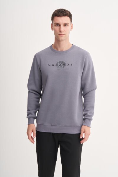 Cazador 53625 Koyu Gri Erkek Bisiklet Yaka Baskılı Regular Fit Sweatshirt