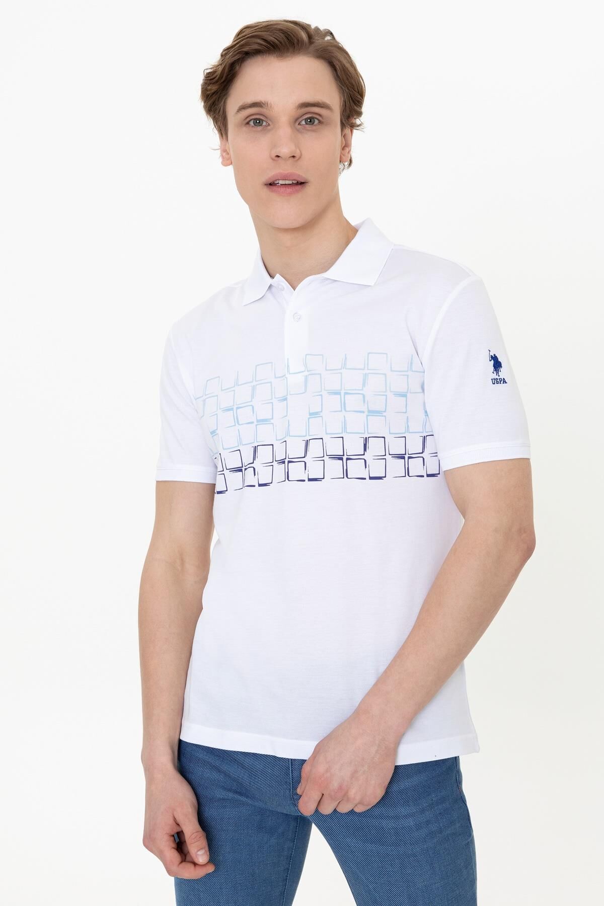 U.S Polo 1358156 Erkek Beyaz Mavi Lacivert Desenli Polo Yaka Tshirt