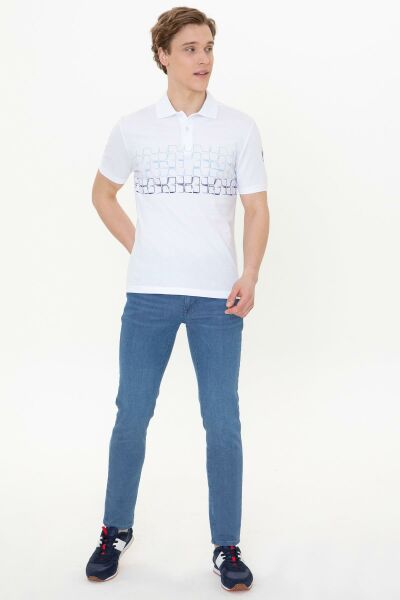U.S Polo 1358156 Erkek Beyaz Mavi Lacivert Desenli Polo Yaka Tshirt
