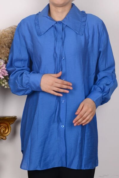 New Face 5220 Mavi Kadın Geniş Yaka Yakası Fırfırlı Yakası Bağcık Detaylı Önden Düğmeli Gömlek